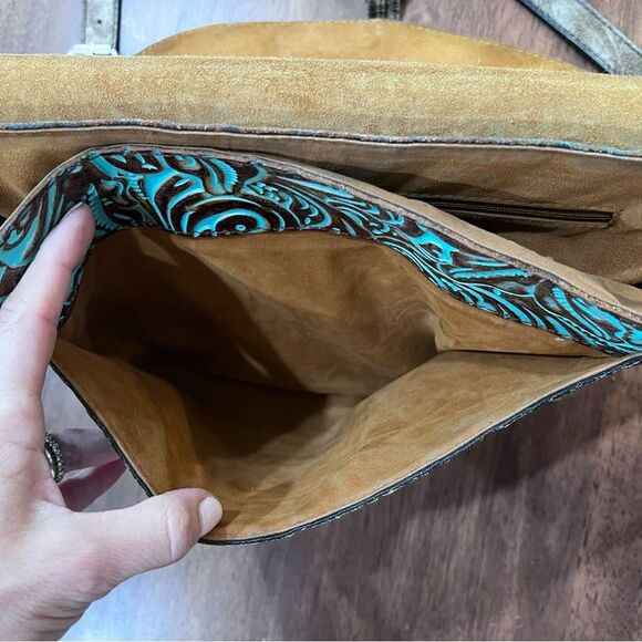 Patricia Nash Rosolini Tooled Leather Saddle Bag Turquoise Brown Crossbody Boho - Picture 14 of 16